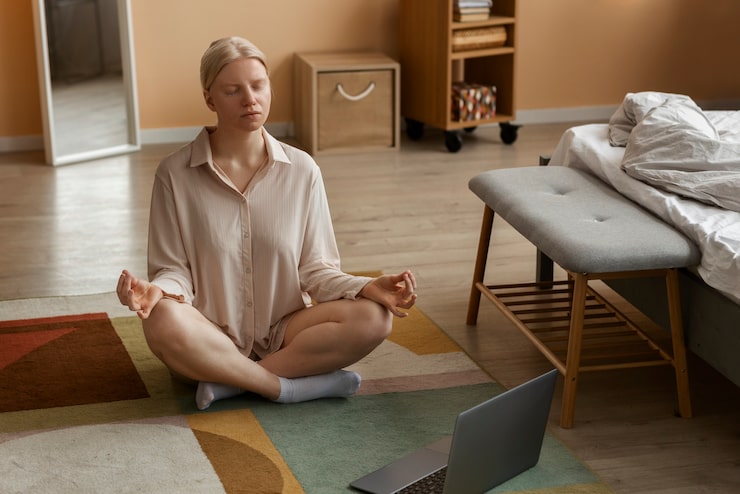 Person meditating in a bright, modern room